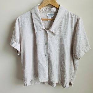 Linen Button Down Collar Short Sleeve Camp Shirt L